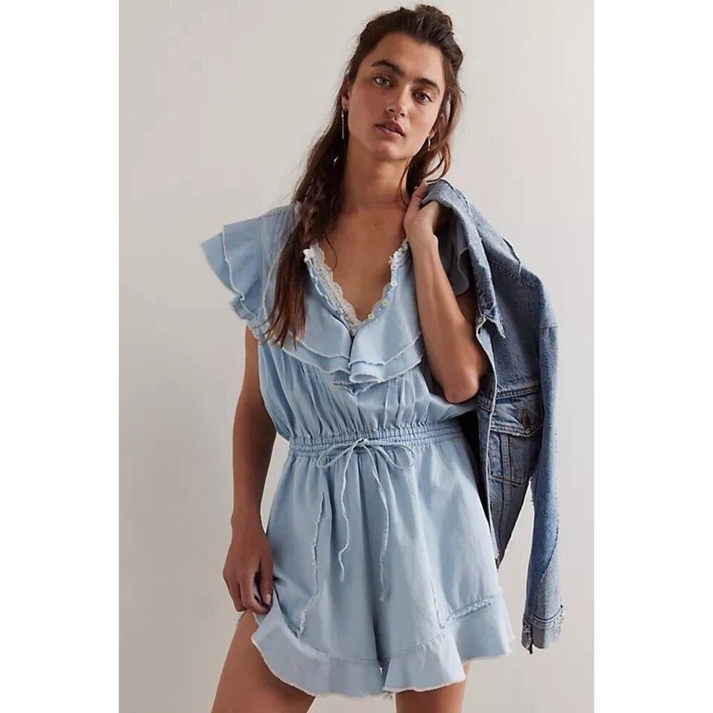 Free People One Naya Chambray Ruffle Romper XS Boho Cottagecore Prairie Western